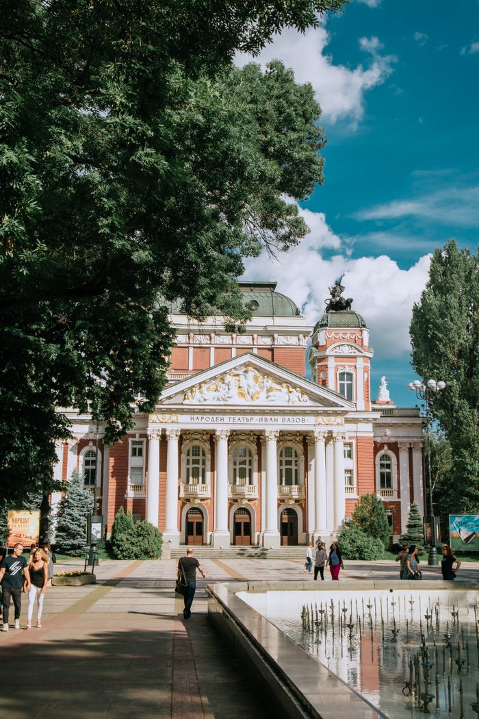 Elegant architecture of the National Theatre Ivan Vazov in sunny Sofia, Bulgaria.