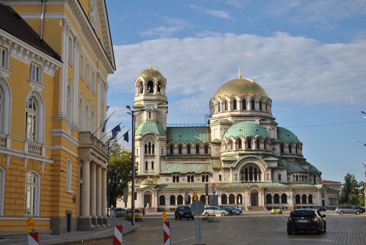 View of Alexander Nevsky Cathedral with blue sky in Sofia, Bulgaria.